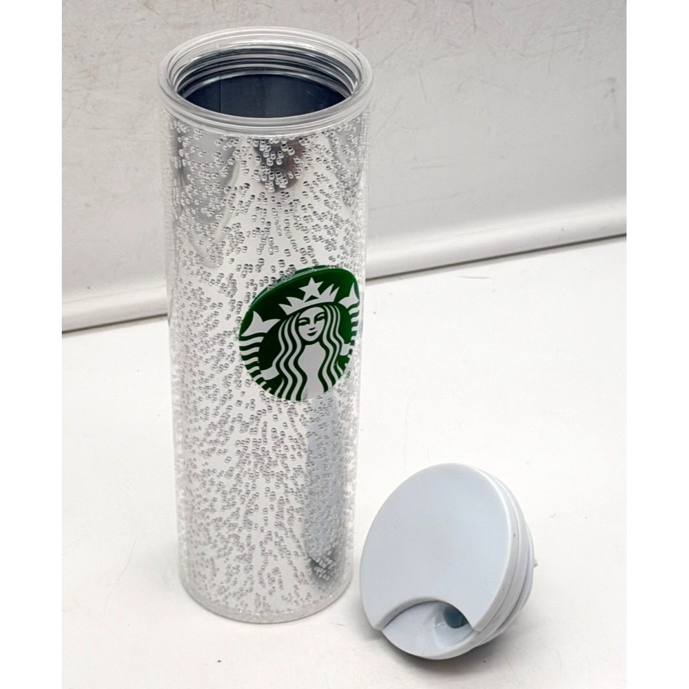 Starbucks 16 oz Double Wall Bubble Droplet Fizz Clear Silver Tumbler Mug Lid